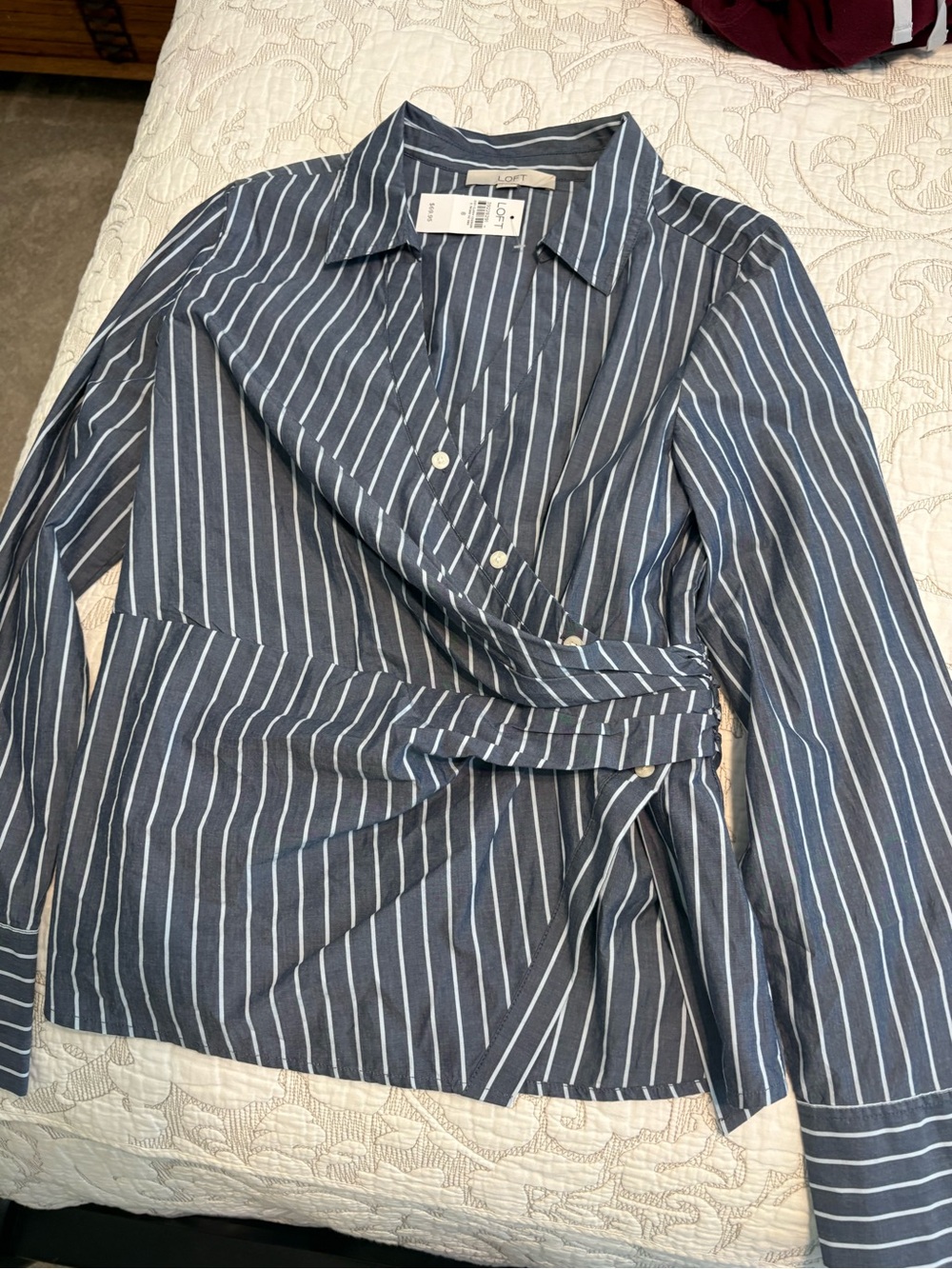 LOFT Navy and White Striped Wrap Button-Down Shirt